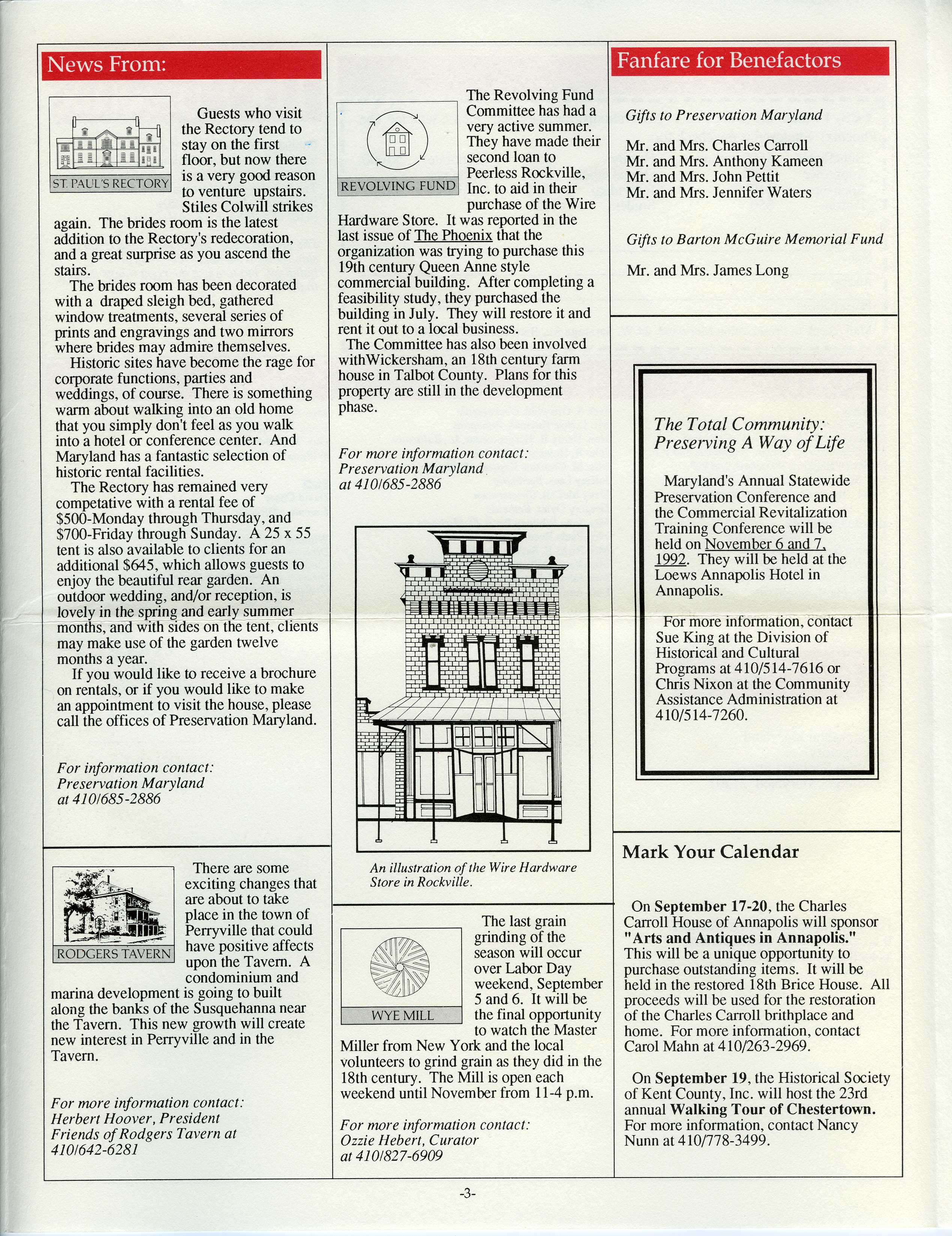 Preservation Maryland makes second grant to Peerless to purchased Wire Hardware. Image in The Phoenix Sept/Oct 1992
