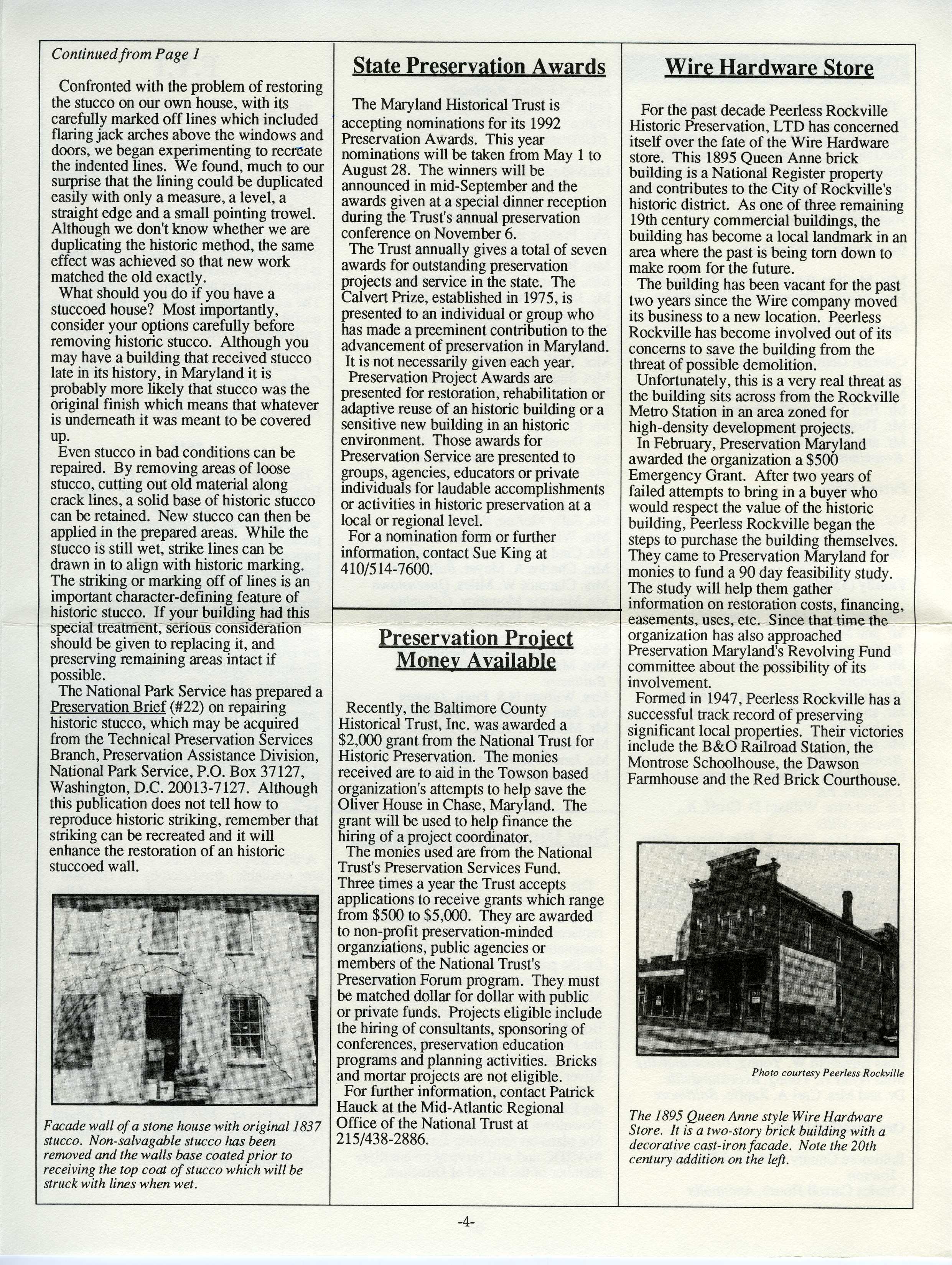 Preservation Maryland makes $500 grant to Peerless to purchased Wire Hardware. Image from The Phoenix May/June 1992.