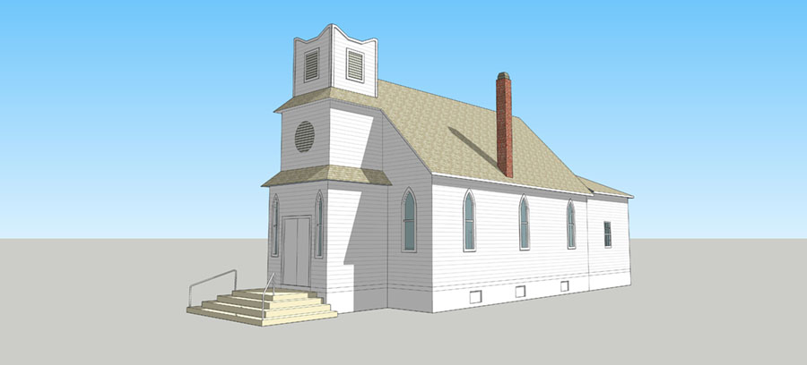 Digital rendering of the Pleasant View Church. Drawn by My Ly, 2015.