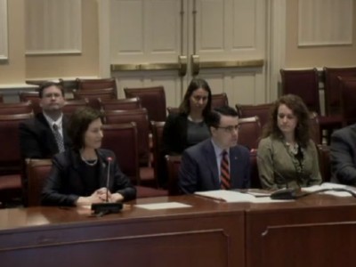 Preservation Maryland Executive Director, Nicholas Redding (second from L) testifies beside bill sponsor, Sen. Katie Fry Hester (L) on historic tax credits, Annapolis, MD, 2020.