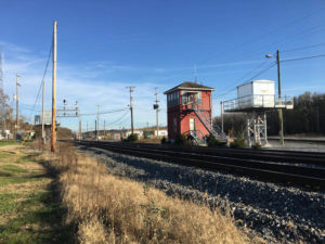 WB Tower in Brunswick, MD, next to active railroad tracks, 2019.