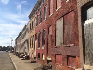 Vacant rowhouses, 1200 block of N. Gay Street (northwest side), Baltimore, MD, 2017. Photo from Baltimore Heritage.