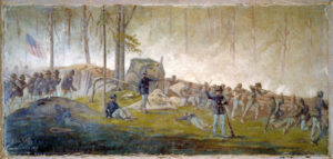 Scene behind the breastworks on Culps Hill, morning of July 3rd 1863, painting by Edwin Forbes.